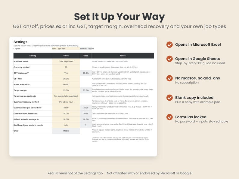 Pode incluir: Uma interface de configura&ccedil;&otilde;es de planilha intitulada Set It Up Your Way, apresentando uma tabela com colunas para configura&ccedil;&atilde;o, valor, uso e notas. A lista inclui nome da empresa, moeda, impostos, margem de lucro e custos operacionais.