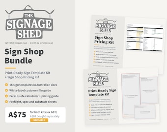 Pode incluir: Um pacote digital para oficinas de sinalização com o logótipo The Signage Shed, incluindo um kit de preços e um kit de modelos prontos a imprimir. Contém 16 modelos em tamanhos australianos, um guia para clientes white-label, um calculador de orçamentos em Excel e folhas de pré-impressão, especificações e substratos.