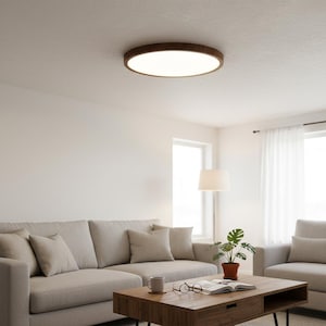 Puede incluir: Una lámpara de techo redonda y empotrada con un borde de madera marrón oscuro y una luz blanca brillante. La lámpara está instalada en un salón con muebles y decoración de colores neutros.