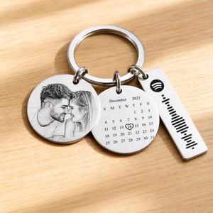 Op de afbeelding: Een zilverkleurige metalen sleutelhanger met drie bedels: een ronde hanger gegraveerd met een portret van twee personen, een ronde kalenderhanger voor december 2022 met een hartje om de 14e, en een rechthoekig plaatje met een muziekcode.