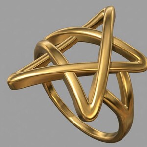 May include: A gold ring with an elaborate, intertwined design. The ring displays a continuous, flowing pattern of curved lines, forming a star-like shape. The metal has a polished, reflective surface.