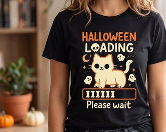 Halloween Loading Cat T-Shirt | Cute Ghosts, Crescent Moon, Loading Bar