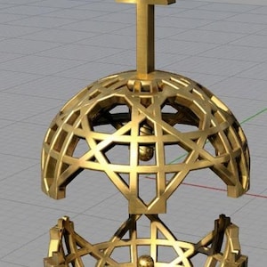 May include: A golden, geometric pendant with a spherical cage design. The pendant features an arrow-shaped top with two holes and a detailed, openwork sphere. The lower half of the sphere is detached, showcasing the intricate design.