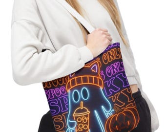 Neon Cute Ghost with Boba Tote Bag | Spooky Halloween AOP