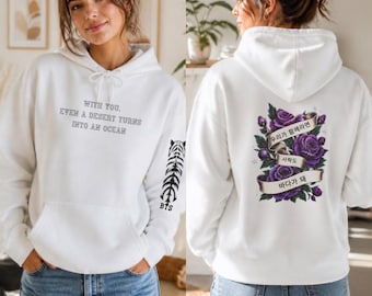 BTS Banner Hoodie | Korean Script, Gothic Floral Back Design