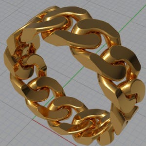 Peut inclure: Une bague en chaîne dorée avec un design de maillons épais et arrondis. La bague est faite d'un matériau brillant et réfléchissant, et les maillons sont imbriqués pour former une bande continue. La bague est présentée sur un fond quadrillé.