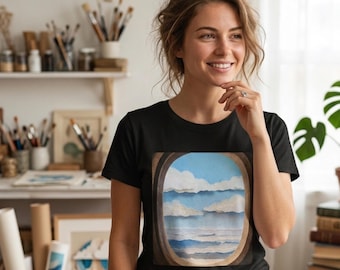 Airplane Window Ocean View T-Shirt | Cloud Sky Travel Illustration