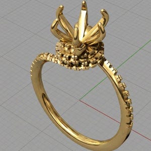 May include: A gold ring with a detailed floral design. The ring features a prong setting at the top, ready to hold a gemstone. The band is smooth with small details along the sides. The ring is shown against a grid background.