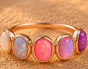 Fire Opal Wedding Band, 14K Gold Multicolor Pink Opal Band, Handmade Dainty Promise, Stacking, Statement Ring, Anniversary Jewelry Gift