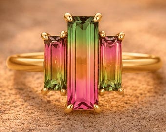 Vintage Watermelon Tourmaline Engagement Ring - Art Deco Asymmetric Ring in 14K Gold | Bi-Color Statement Ring Promise Gift Ring for Her