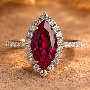 May include: A gold ring featuring a large marquise-cut deep red gemstone at the center, surrounded by a halo of small round white diamonds. The band is also set with small round white diamonds along the sides, creating a sparkling appearance.