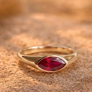 14k Solid Gold Bezel Solitaire Ruby Ring Marquise Cut Natural Ruby Ring, , Promise Rings for Her Anniversary Gifts For Wife