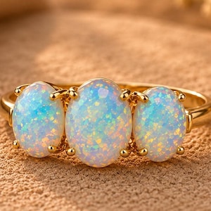 Op de afbeelding: Een gouden ring met drie horizontaal geplaatste, ovale opalen. Elke opaal heeft een melkachtige witte basis met iriserende flitsen van blauw, groen en geel. De stenen worden vastgehouden door kleine gouden klauwtjes op een gepolijste gouden ring.