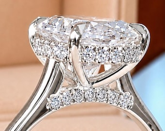 14K White Gold 2 CT Oval Cut Lab Grown Diamond Engagement Ring, Hidden Halo Simulated Diamond Ring Woman's Anniversary Promise Ring For Her