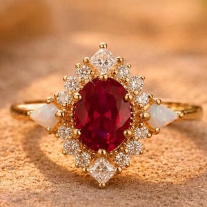 Moissanite Rubin Opal Ring Gold Vintage Halo Hochzeit Ring Juli Oktober Statement Ring Geschenk für Sie Handgemachter Schmuck