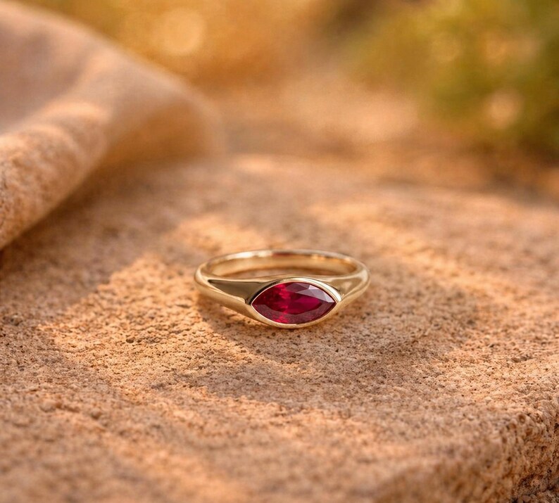 14k Solid Gold Bezel Solitaire Ruby Ring Marquise Cut Natural Ruby Ring, , Promise Rings for Her Anniversary Gifts For Wife image 1