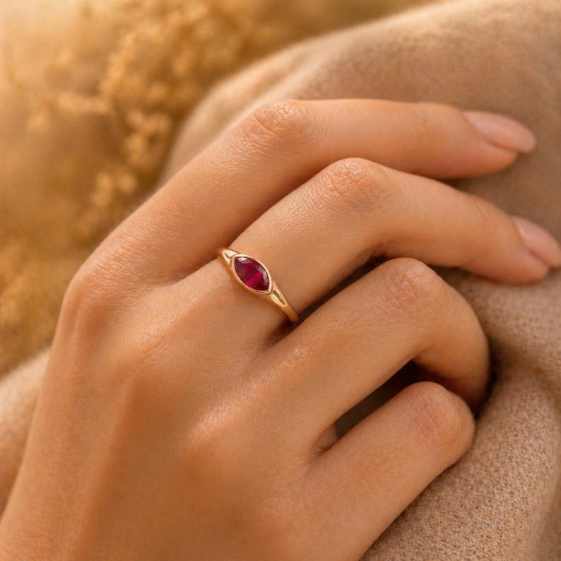 14k Solid Gold Bezel Solitaire Ruby Ring Marquise Cut Natural Ruby Ring, , Promise Rings for Her Anniversary Gifts For Wife image 10