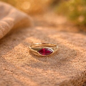 14k Solid Gold Bezel Solitaire Ruby Ring Marquise Cut Natural Ruby Ring, , Promise Rings for Her Anniversary Gifts For Wife image 6