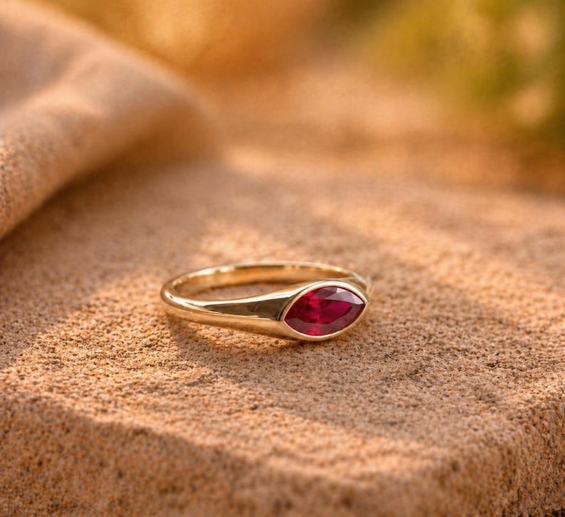 14k Solid Gold Bezel Solitaire Ruby Ring Marquise Cut Natural Ruby Ring, , Promise Rings for Her Anniversary Gifts For Wife image 9