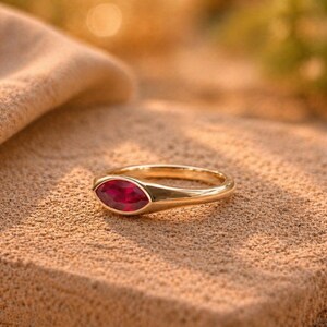 14k Solid Gold Bezel Solitaire Ruby Ring Marquise Cut Natural Ruby Ring, , Promise Rings for Her Anniversary Gifts For Wife image 2