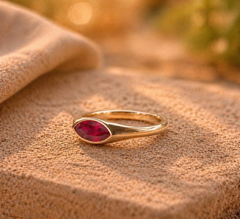 14k Solid Gold Bezel Solitaire Ruby Ring Marquise Cut Natural Ruby Ring, , Promise Rings for Her Anniversary Gifts For Wife image 2