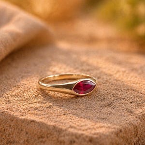 14k Solid Gold Bezel Solitaire Ruby Ring Marquise Cut Natural Ruby Ring, , Promise Rings for Her Anniversary Gifts For Wife image 4