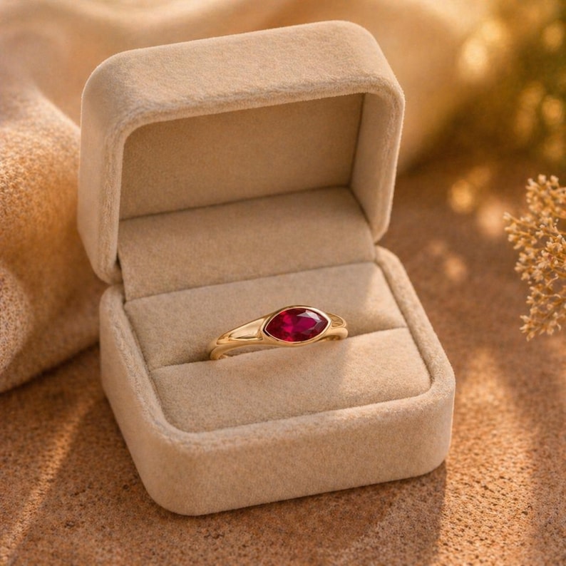 14k Solid Gold Bezel Solitaire Ruby Ring Marquise Cut Natural Ruby Ring, , Promise Rings for Her Anniversary Gifts For Wife image 8