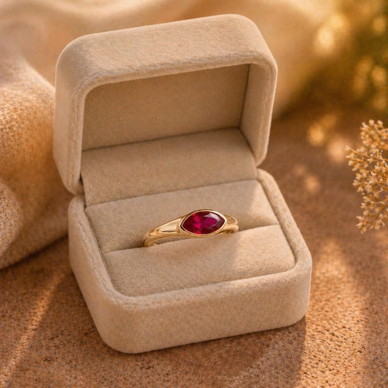 14k Solid Gold Bezel Solitaire Ruby Ring Marquise Cut Natural Ruby Ring, , Promise Rings for Her Anniversary Gifts For Wife image 5