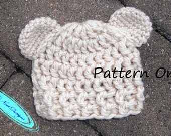 CROCHET HAT PATTERN: Teddy Bear Hat- crochet bear hat pattern- newborn bear pattern- crochet bear beanie pattern