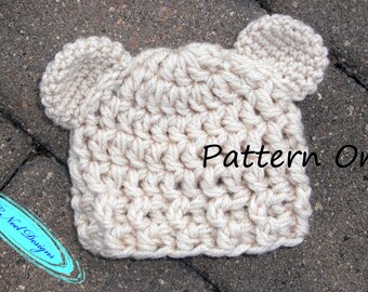 CROCHET HAT PATTERN: Teddy Bear Hat- crochet bear hat pattern- newborn bear pattern- crochet bear beanie pattern