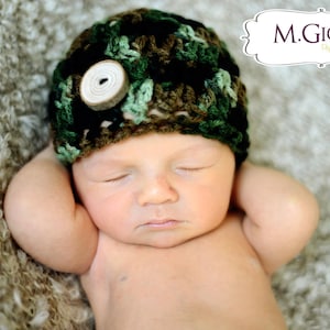 CROCHET HAT PATTERN: Camo Button Beanie (newborn-adult)- camo hat pattern- camo beanie pattern- crochet camo hat pattern- crochet beanie pdf