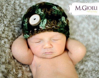 CROCHET HAT PATTERN: Camo Button Beanie (newborn-adult)- camo hat pattern- camo beanie pattern- crochet camo hat pattern- crochet beanie pdf