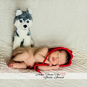Könnte beinhalten: Ein neugeborenes Baby mit einer roten Häkelmütze schläft friedlich neben einem grauen und weißen Stoffwolf. Das Baby liegt auf einer weißen, strukturierten Decke.