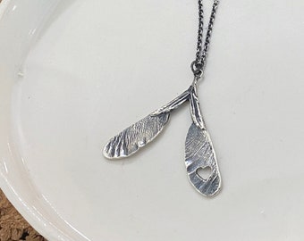 Double Samara Love - Semi-Oxidized Silver - Maple Seed Carved Heart - Sterling Silver - Handmade - 925 - Made to Order