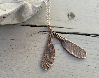 Double Samara - Semi-Oxidized Bronze - Necklace - Maple Seed - Gold Color - Silver Chain - Made to Order