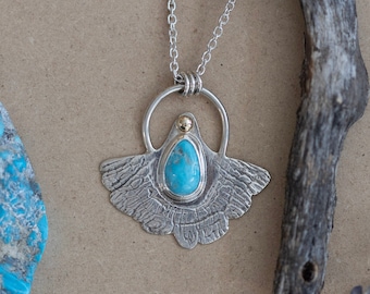 Unique Ginkgo Moth Teardrop Turquoise Pendant - Sterling Silver and 10k gold