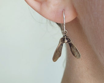 Small Double Samaras - Bronze Earrings - Dangle Earrings - Helicopter Maple Seeds - Made to Order
