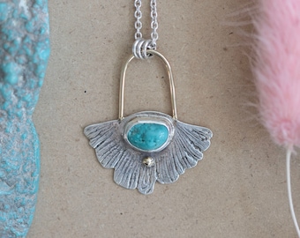 Unique Ginkgo Moth Teardrop Turquoise Pendant - Sterling Silver and 10k gold