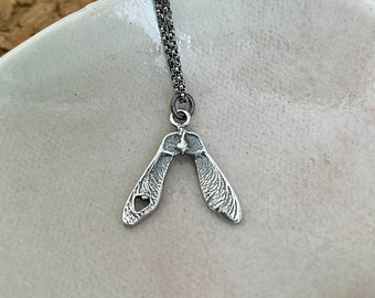 Small Double Samara Love - Semi-Oxidized Silver Pendant - Delicate Carved Heart Samara Necklace - Made to Order