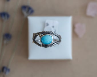 The Eye Of The Forest - Unique Turquoise Branch Ring  - Sterling Silver and 10k gold bead