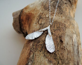 Double Samara - Silver Necklace - Maple Seed - Sterling Silver - Rhodium - Made to Order