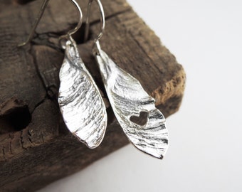 Small Samaras Love - Earrings - Seeds - Carved Heart Dangle Earrings - Helicopter Maple Seeds - Sterling Silver - Made to Order