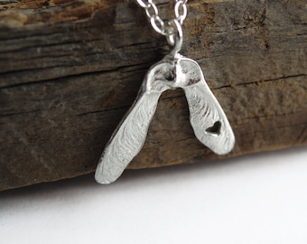 Sterling Silver Samara Seed Necklace: Delicate Heart Carved Pendant