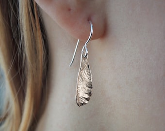 Mini Samaras - Bronze or Brass Seed Dangle Earrings - Helicopter - Maple Seed Pods - Made to Order