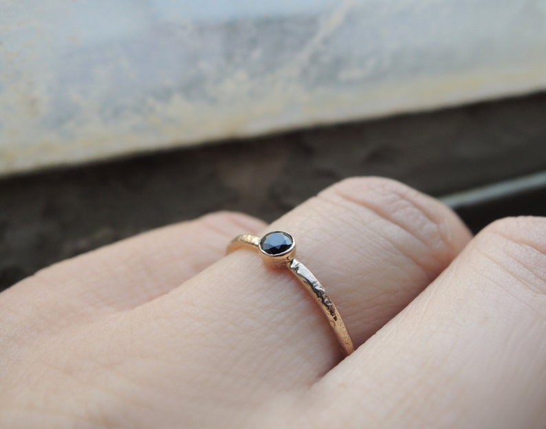 Minimal Solid Gold Ring Black Diamond or Spinel 3mm or 4mm Sustainable White Rose or Yellow 10k or 14k Rustic Gold Solitaire