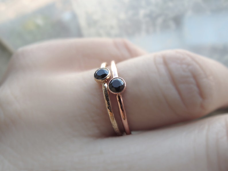 Minimal Solid Gold Ring Black Diamond or Spinel 3mm or 4mm Sustainable White Rose or Yellow 10k or 14k Rustic Gold Solitaire