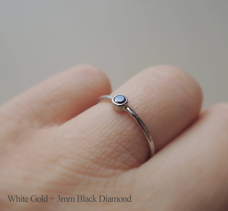 Minimal Solid Gold Ring Black Diamond or Spinel 3mm or 4mm Sustainable White Rose or Yellow 10k or 14k Rustic Gold Solitaire