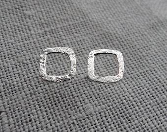 Square Outlines - Rustic Studs - Sterling Silver Earrings - Unisex - Made to Order