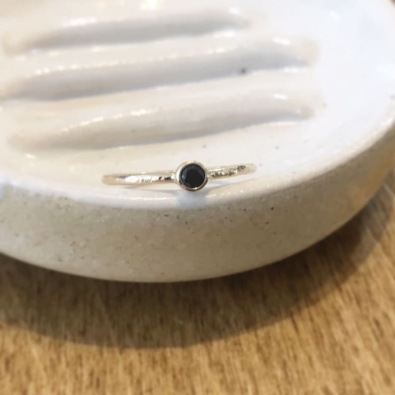 Minimal Solid Gold Ring Black Diamond or Spinel 3mm or 4mm Sustainable White Rose or Yellow 10k or 14k Rustic Gold Solitaire