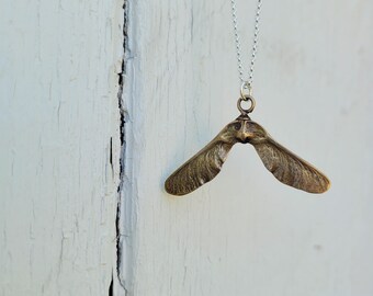 Small Samara Wing - Semi-Oxidized Bronze - Maple Seed Pod- Delicate Samara Necklace - Sycamore Seed - Silver Chain - Made to Order